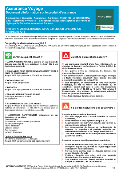 Document d'information sur le produit d'assurance voyage APAS-BTP